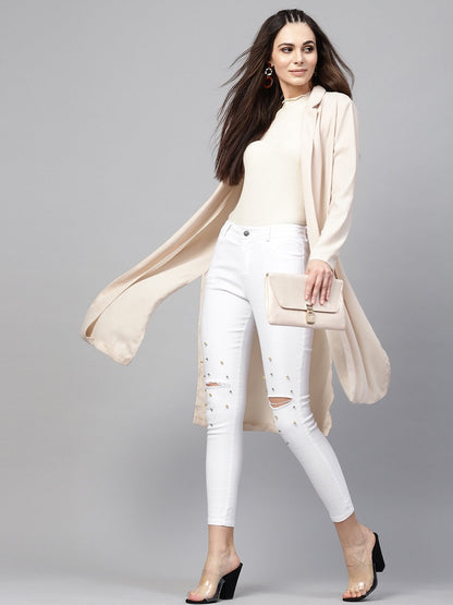 Women's White Pearl Embellished Slit Knee Jeans