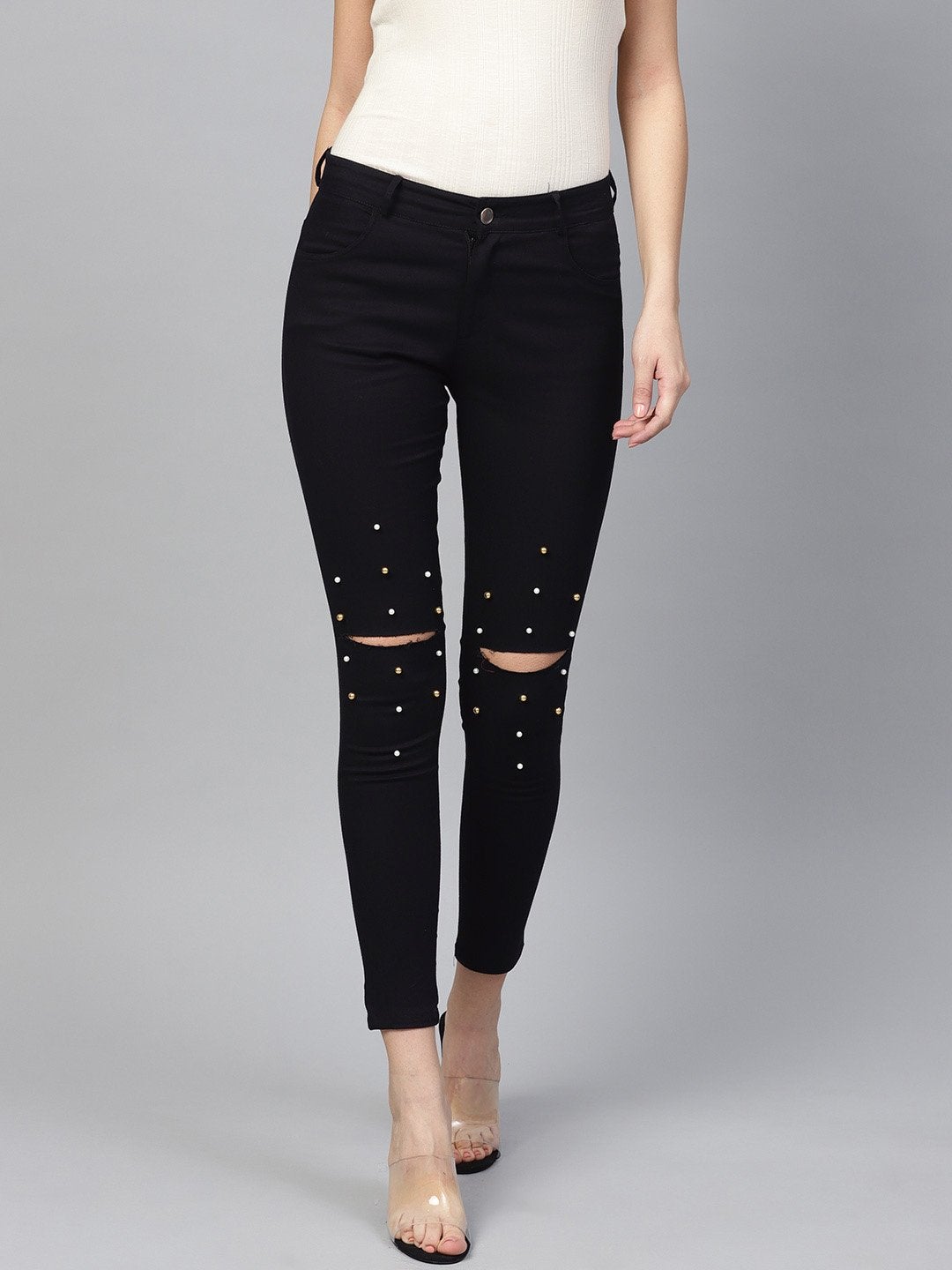 Women's Black Pearl Embellished Slit Knee Jeans