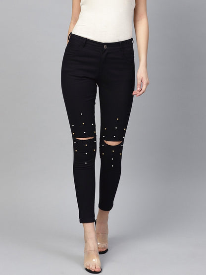 Women's Black Pearl Embellished Slit Knee Jeans