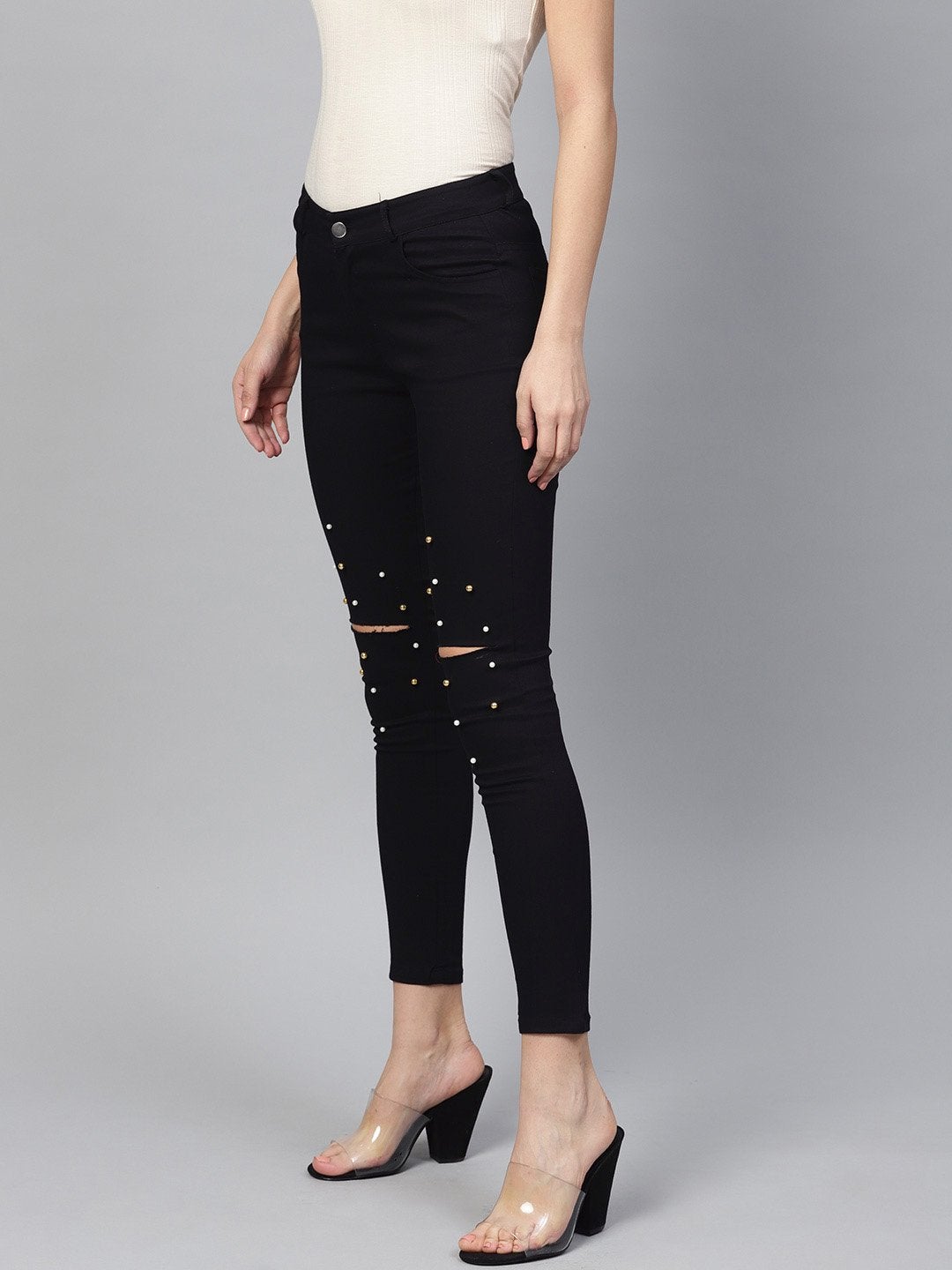 Women's Black Pearl Embellished Slit Knee Jeans