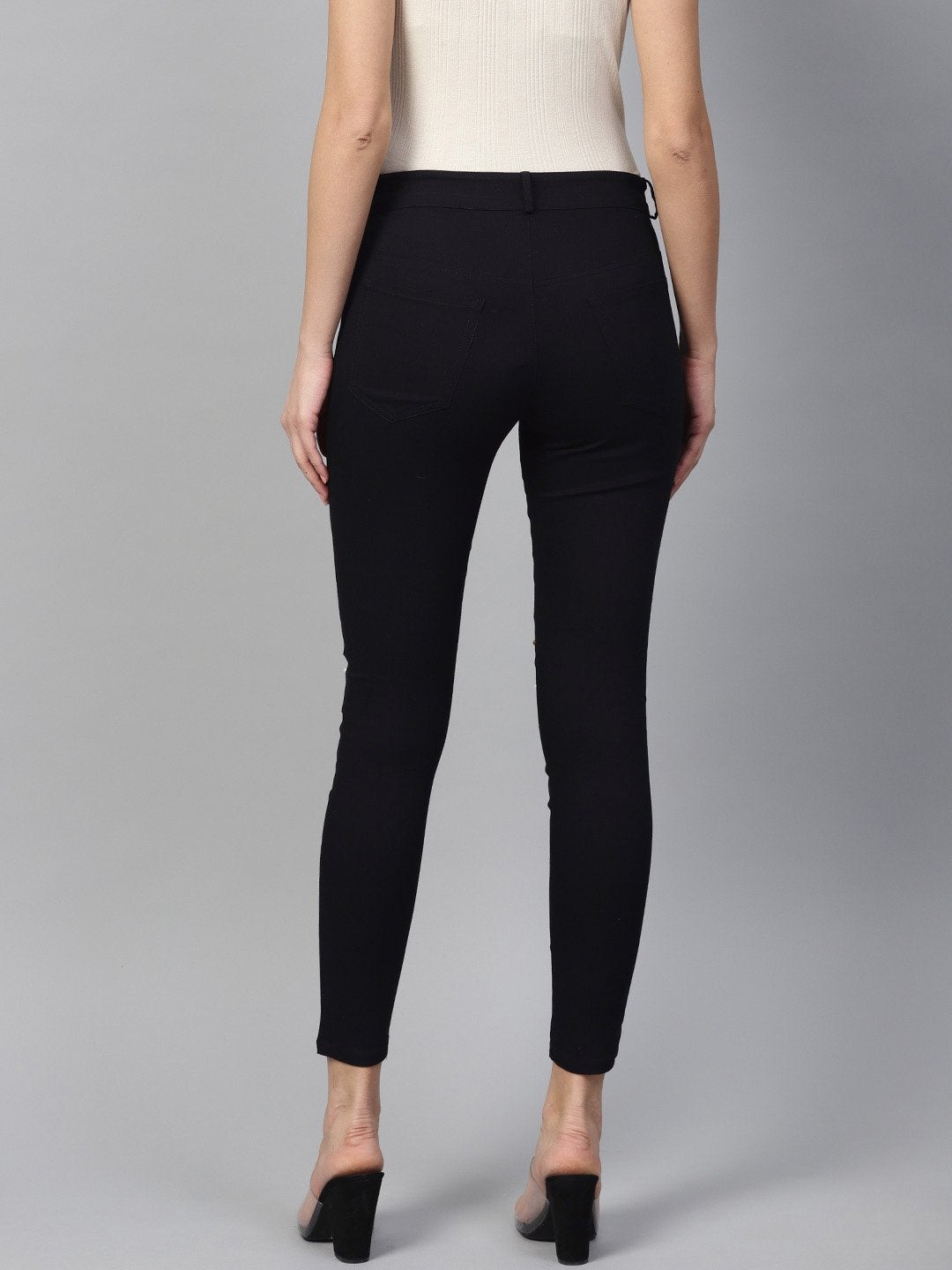Women's Black Pearl Embellished Slit Knee Jeans