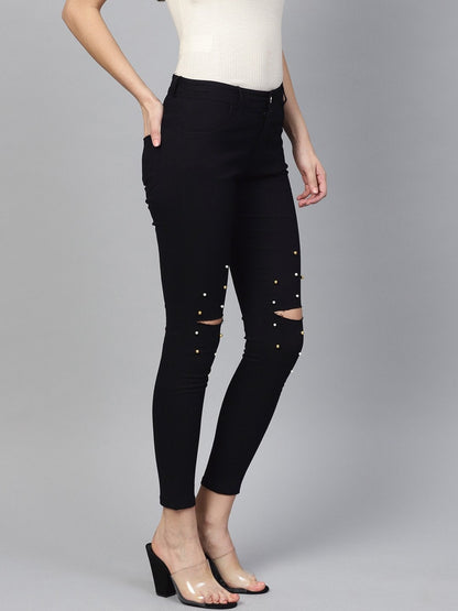 Women's Black Pearl Embellished Slit Knee Jeans