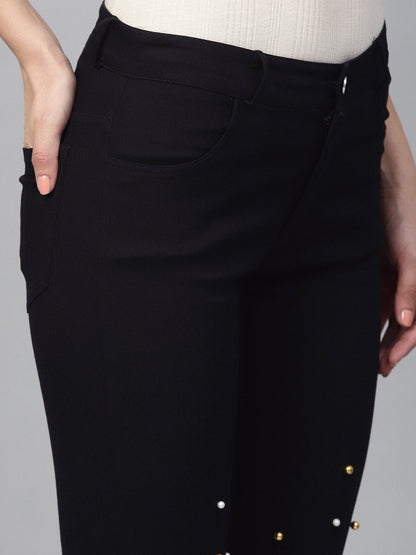 Women's Black Pearl Embellished Slit Knee Jeans