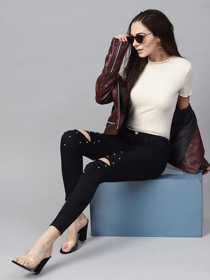 Women's Black Pearl Embellished Slit Knee Jeans