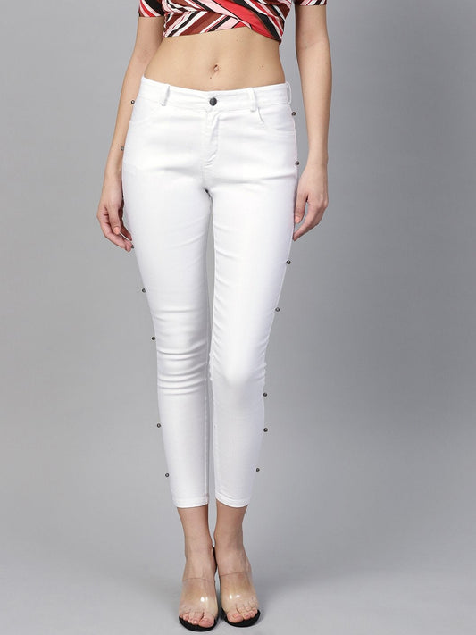 Women's White Side Seam Pearl Jeans