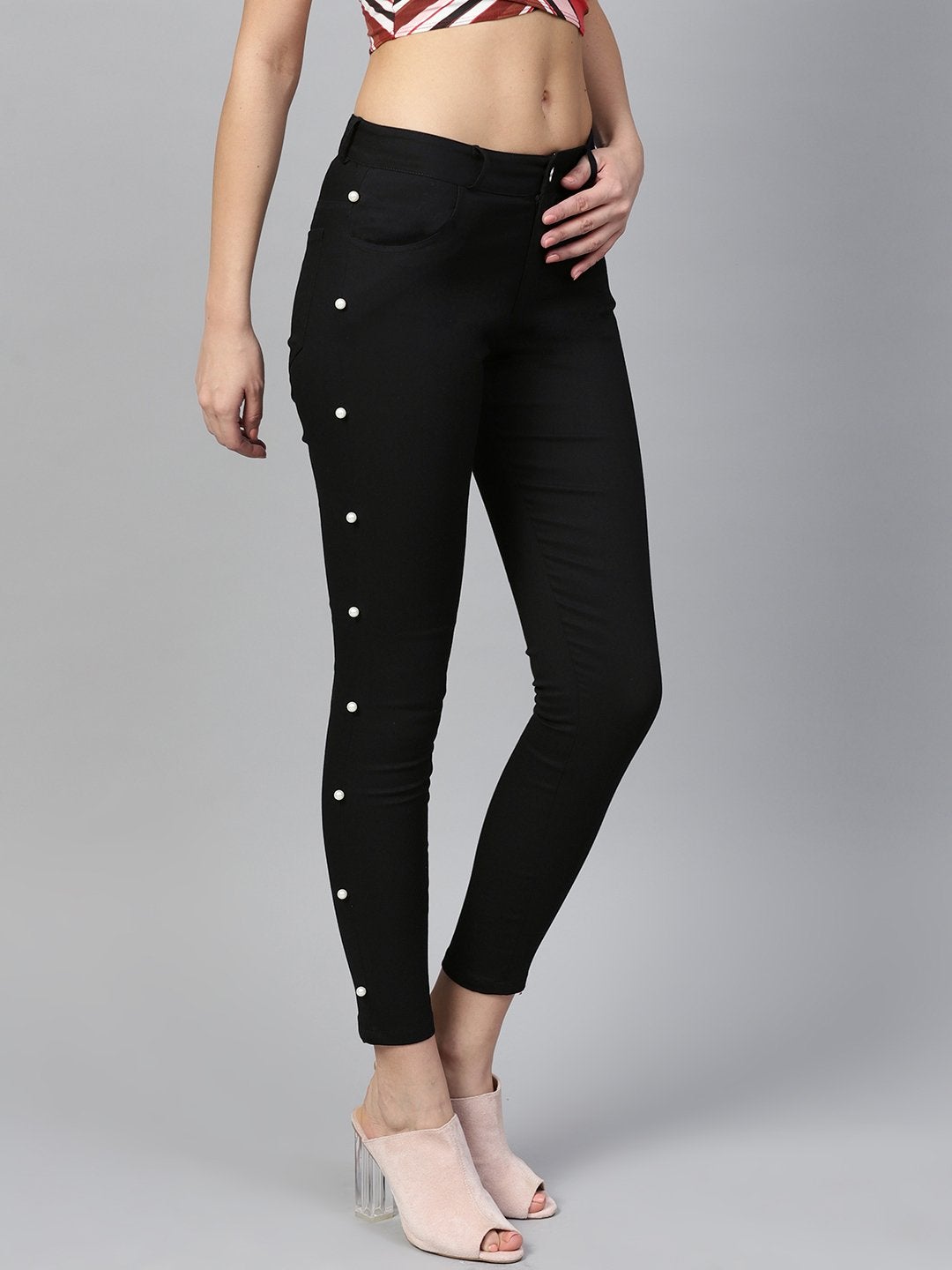 Women's Black Side Seam Pearl Jeans