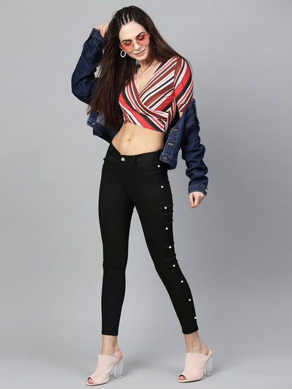 Women's Black Side Seam Pearl Jeans