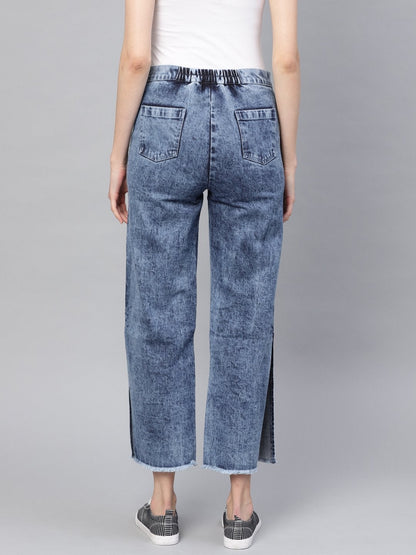 Women's Blue Denim Acid Wash Side Slit Pants