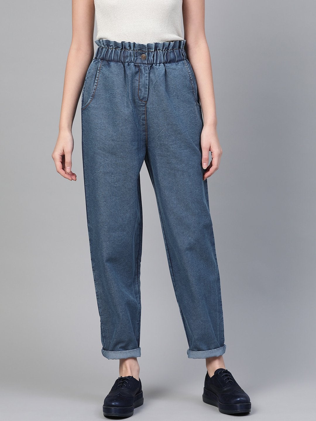 Women's Blue Paper Bag Waist Jeans