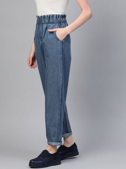 Women's Blue Paper Bag Waist Jeans