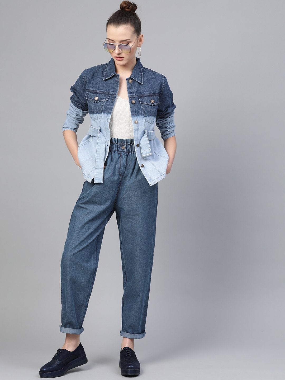 Women's Blue Paper Bag Waist Jeans