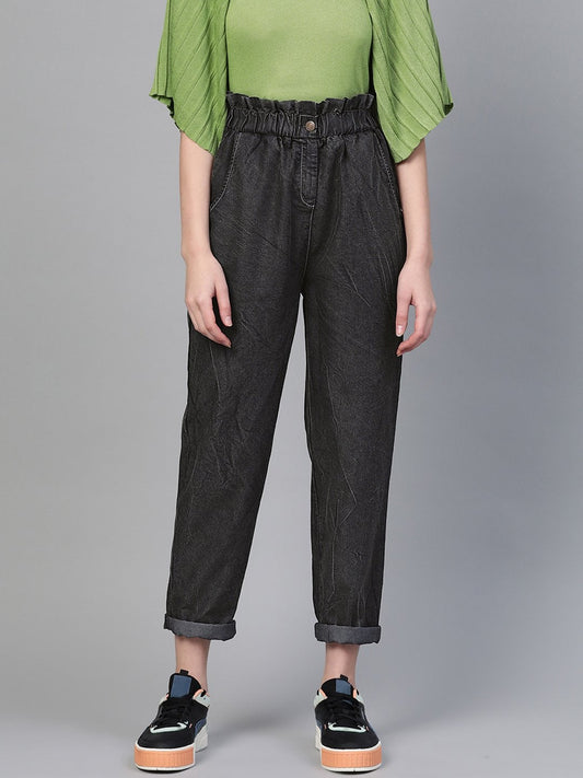 Women's Black Paper Bag Waist Jeans