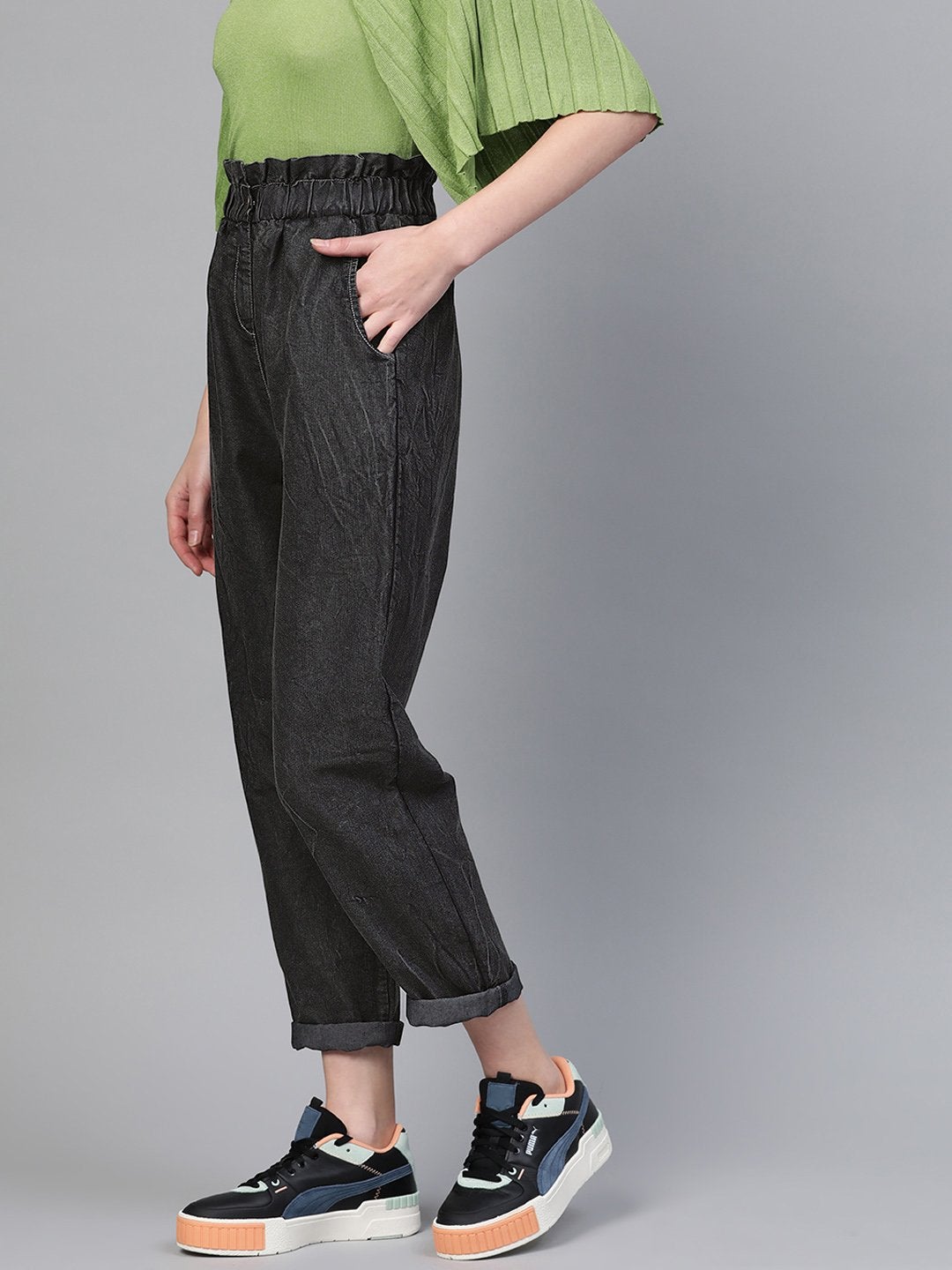 Women's Black Paper Bag Waist Jeans