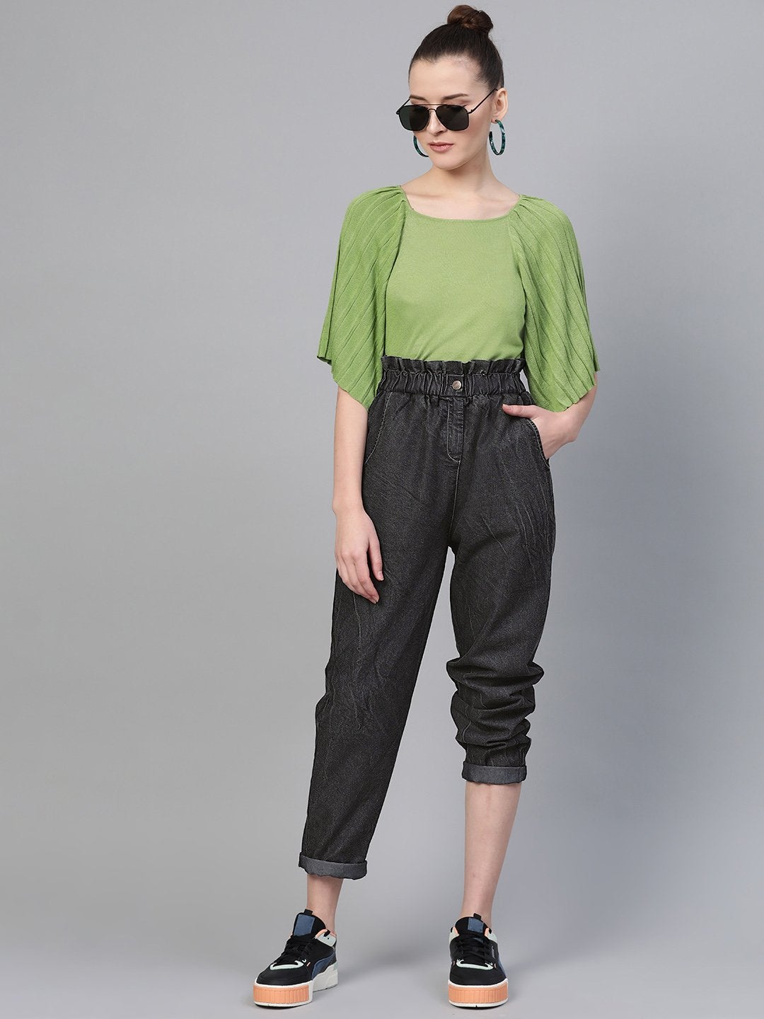 Women's Black Paper Bag Waist Jeans