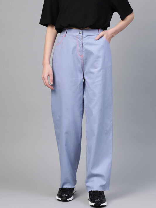 Women's Blue With Neon Pink Contrast Stitch Wide Jeans