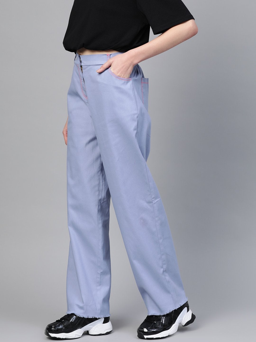 Women's Blue With Neon Pink Contrast Stitch Wide Jeans