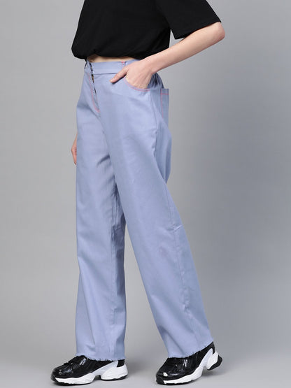 Women's Blue With Neon Pink Contrast Stitch Wide Jeans