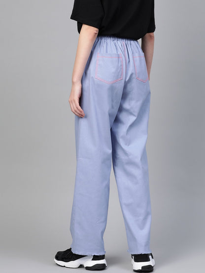 Women's Blue With Neon Pink Contrast Stitch Wide Jeans