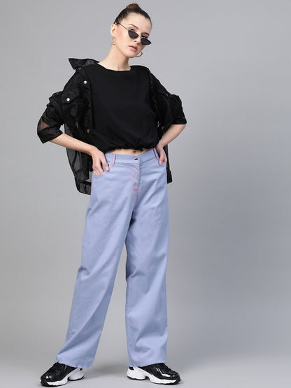 Women's Blue With Neon Pink Contrast Stitch Wide Jeans
