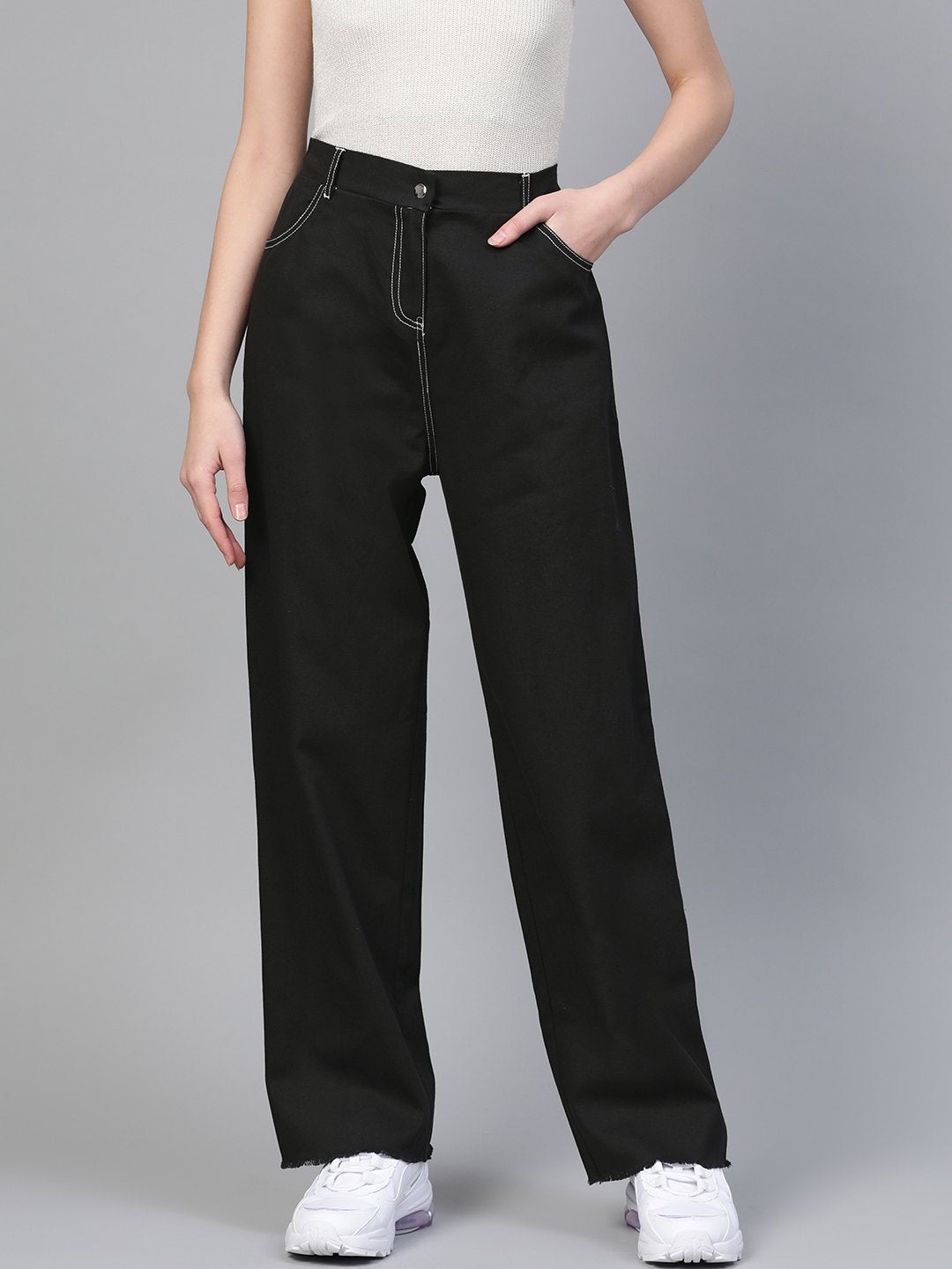 Women's Black With White Contrast Stitch Wide Jeans