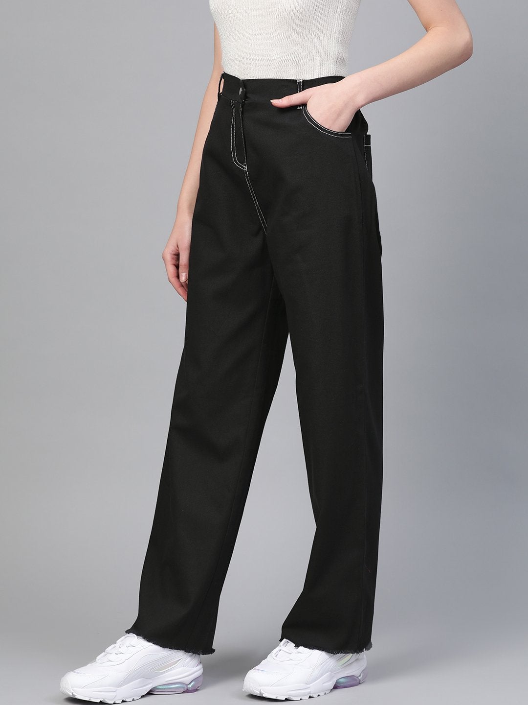 Women's Black With White Contrast Stitch Wide Jeans