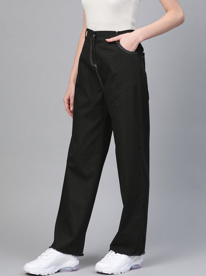 Women's Black With White Contrast Stitch Wide Jeans