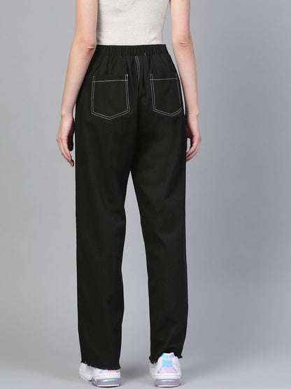 Women's Black With White Contrast Stitch Wide Jeans