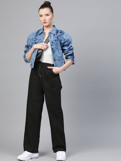 Women's Black With White Contrast Stitch Wide Jeans