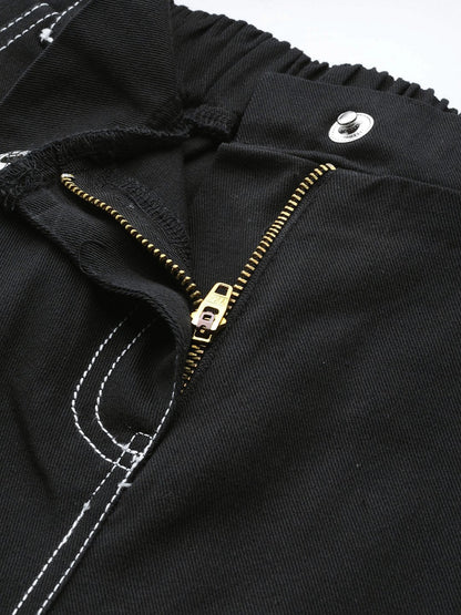 Women's Black With White Contrast Stitch Wide Jeans