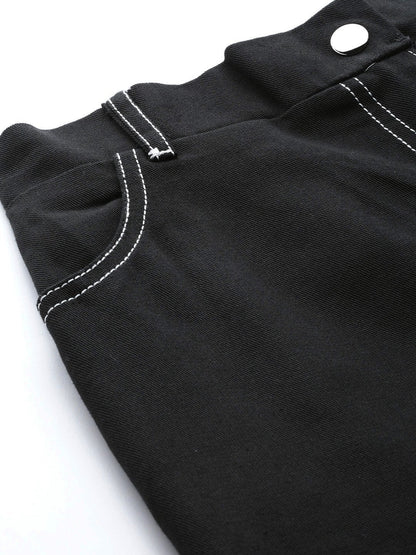 Women's Black With White Contrast Stitch Wide Jeans