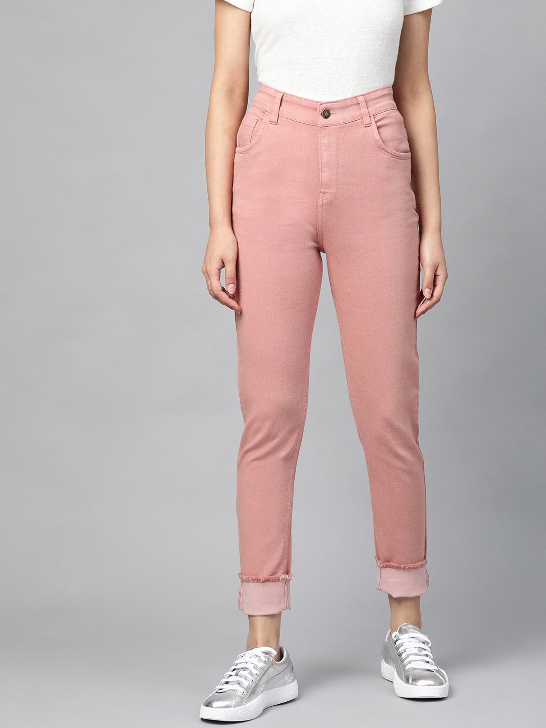 Women's Pink Denim Raw Edge Basic Jeans
