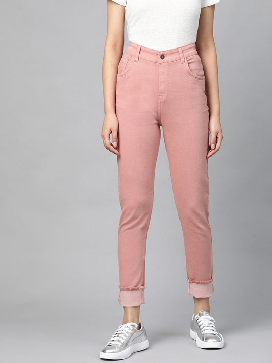 Women's Pink Denim Raw Edge Basic Jeans