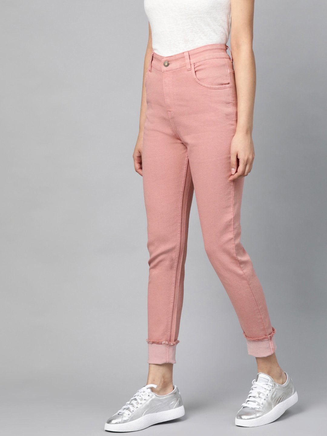 Women's Pink Denim Raw Edge Basic Jeans