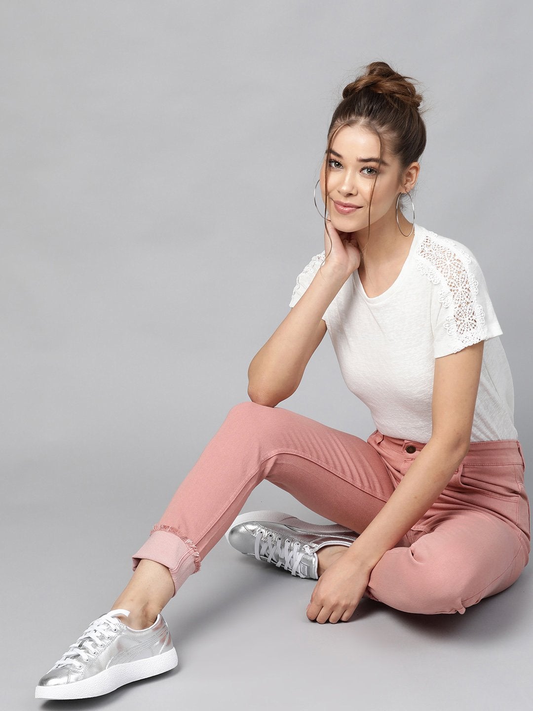 Women's Pink Denim Raw Edge Basic Jeans