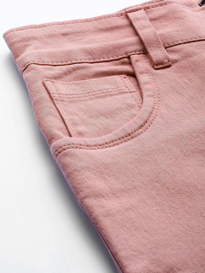 Women's Pink Denim Raw Edge Basic Jeans