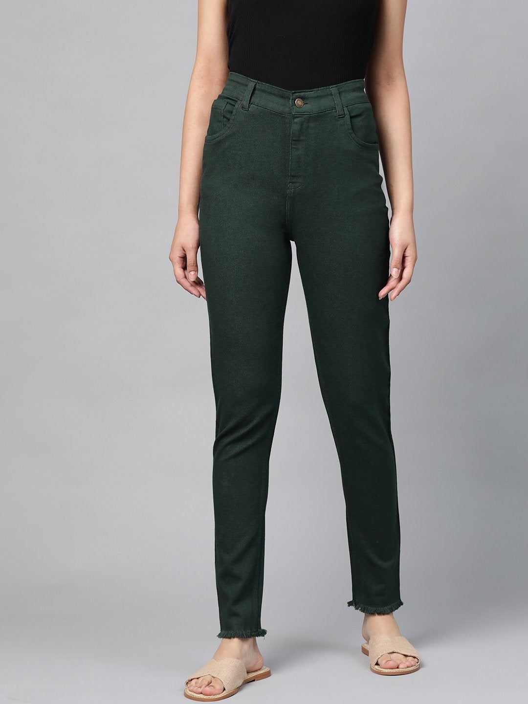 Women's Green Denim Raw Edge Basic Jeans