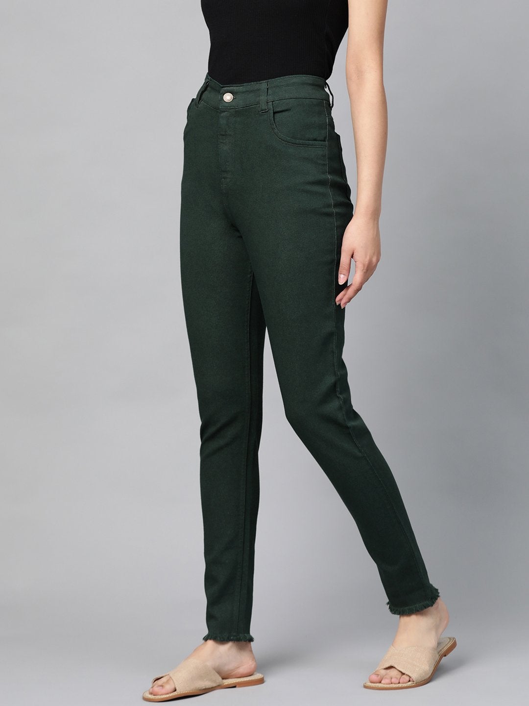 Women's Green Denim Raw Edge Basic Jeans