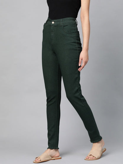 Women's Green Denim Raw Edge Basic Jeans