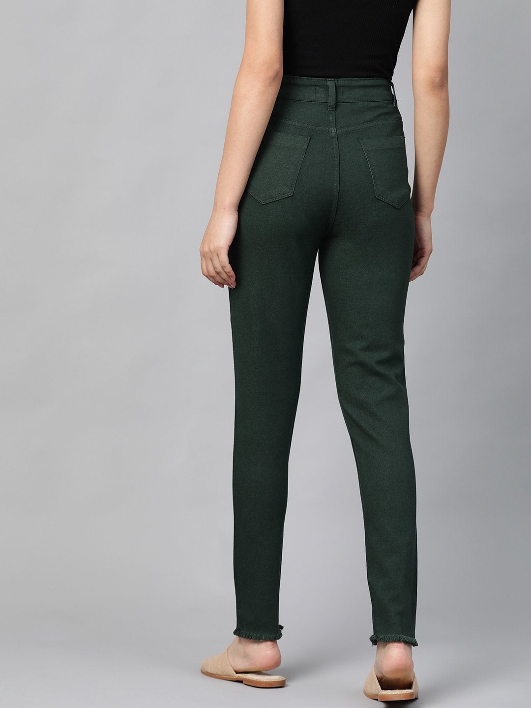 Women's Green Denim Raw Edge Basic Jeans