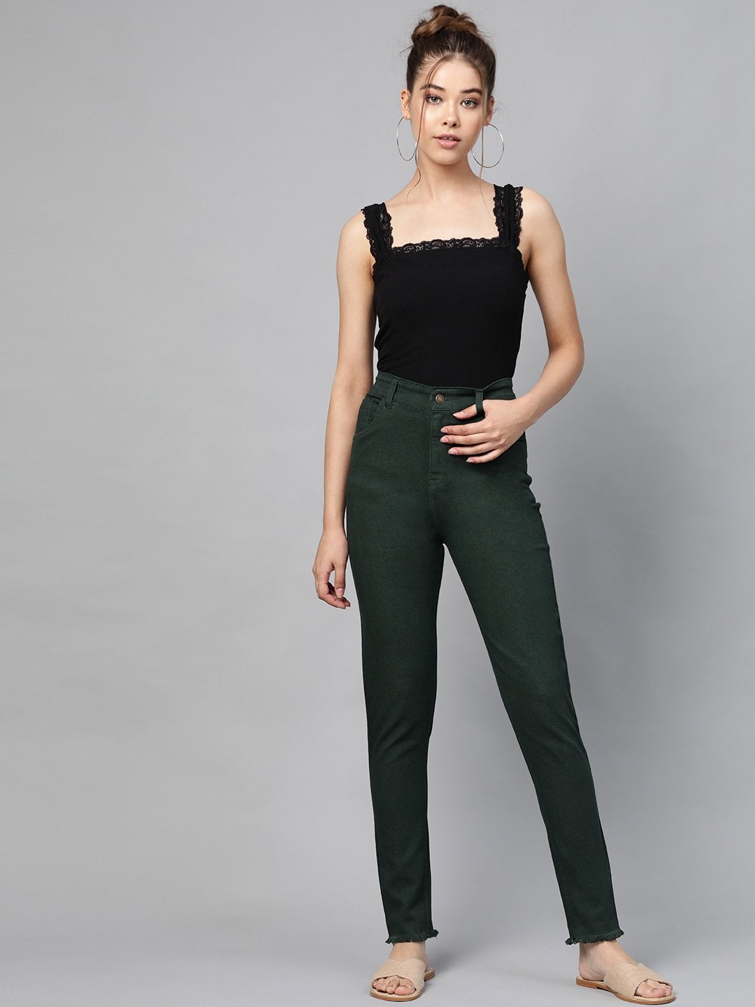 Women's Green Denim Raw Edge Basic Jeans