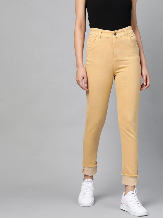 Women's Yellow Denim Raw Edge Basic Jeans