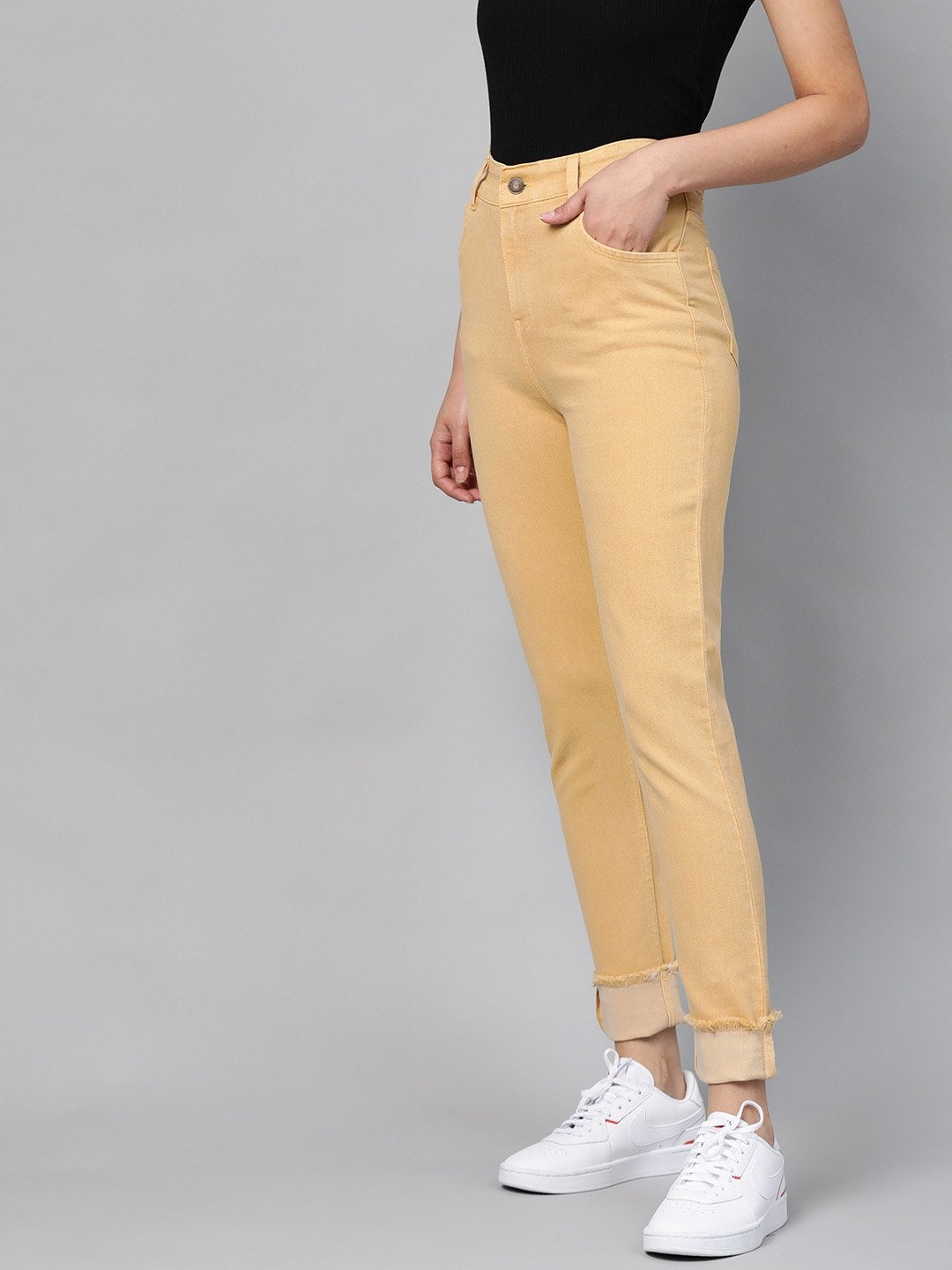 Women's Yellow Denim Raw Edge Basic Jeans