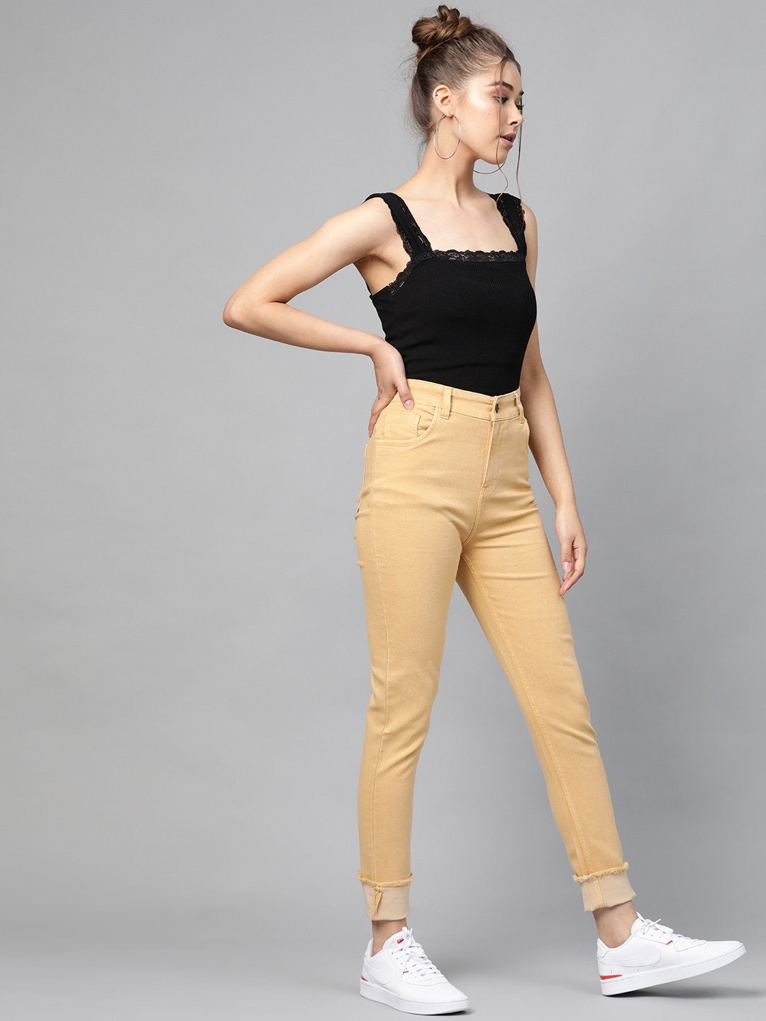 Women's Yellow Denim Raw Edge Basic Jeans