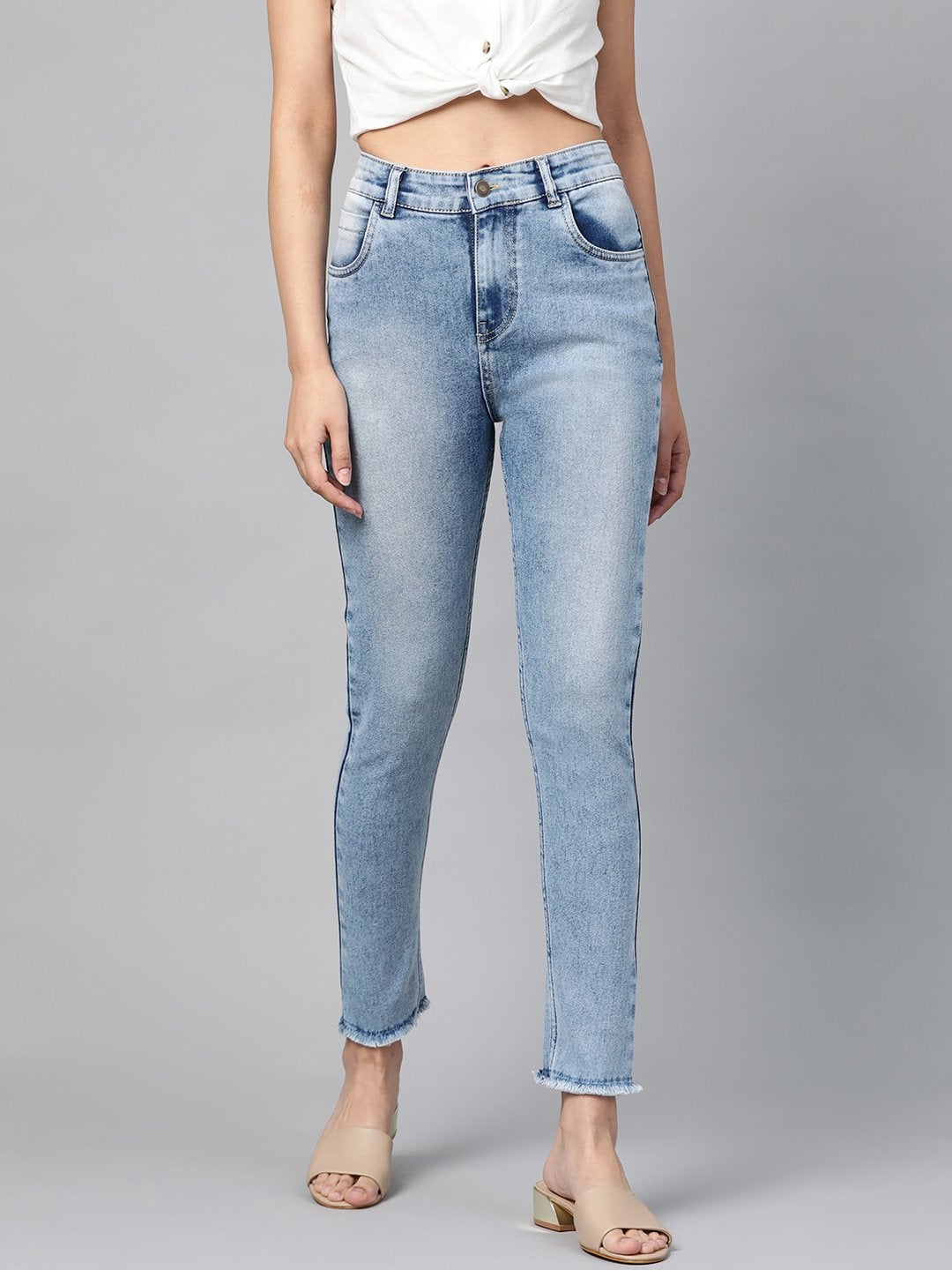 Women's Blue Bleach Wash Raw Edge Jeans