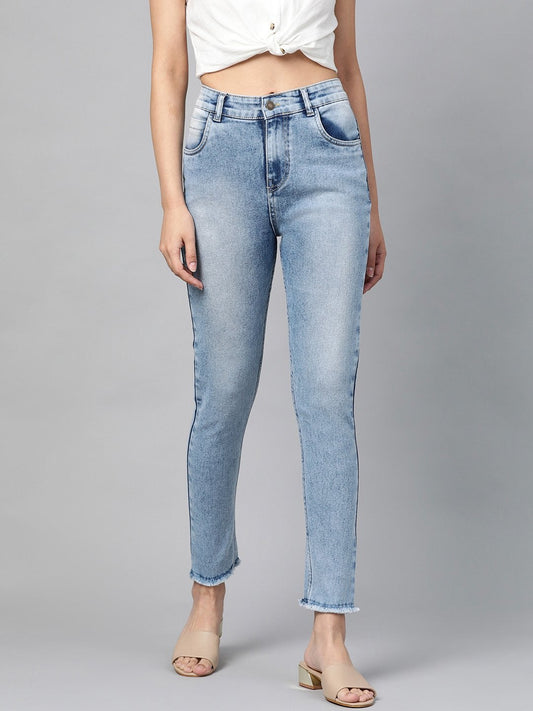 Women's Blue Bleach Wash Raw Edge Jeans