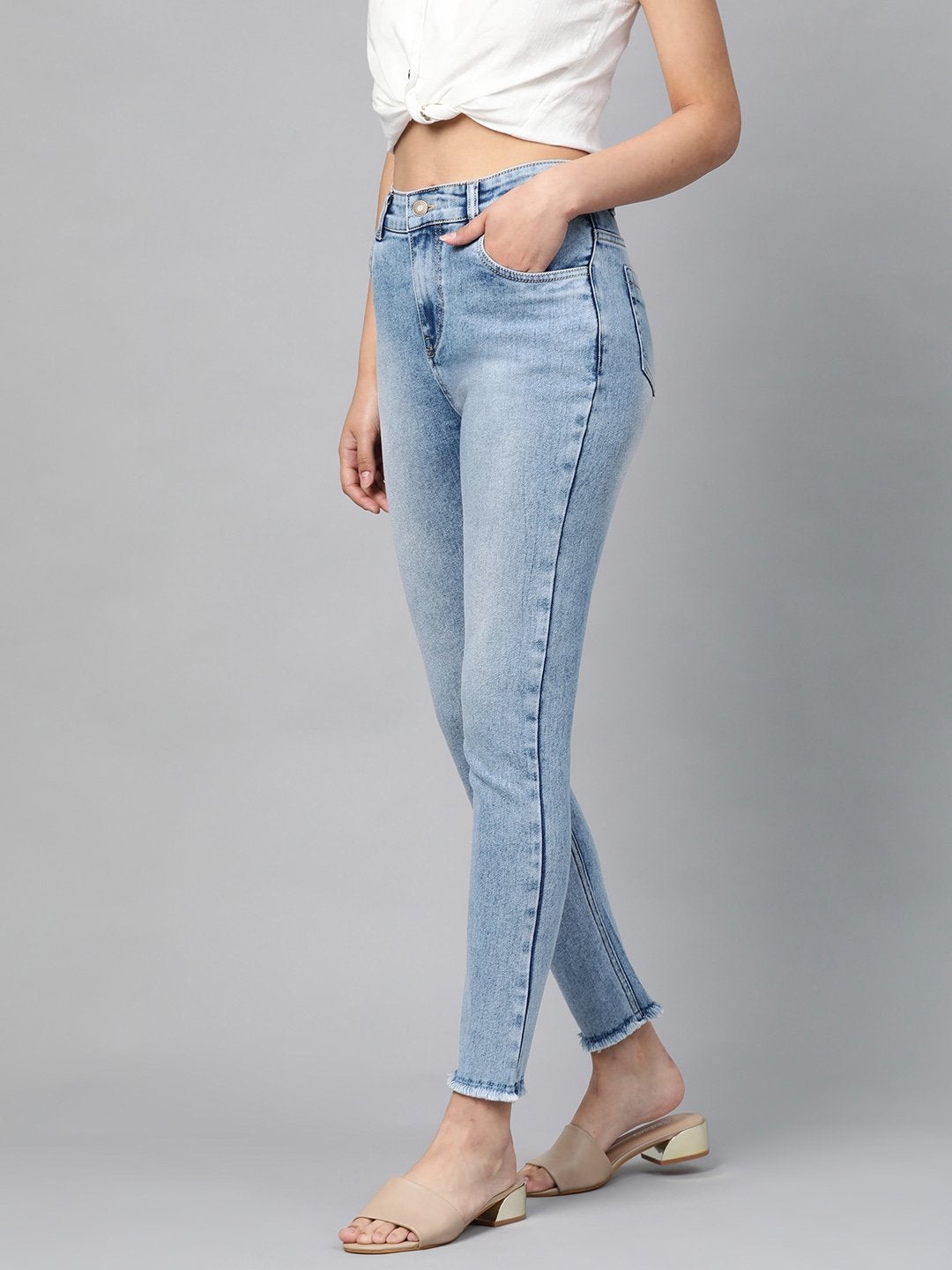 Women's Blue Bleach Wash Raw Edge Jeans