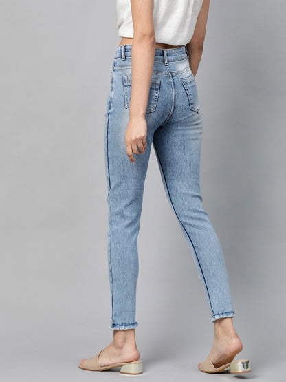 Women's Blue Bleach Wash Raw Edge Jeans