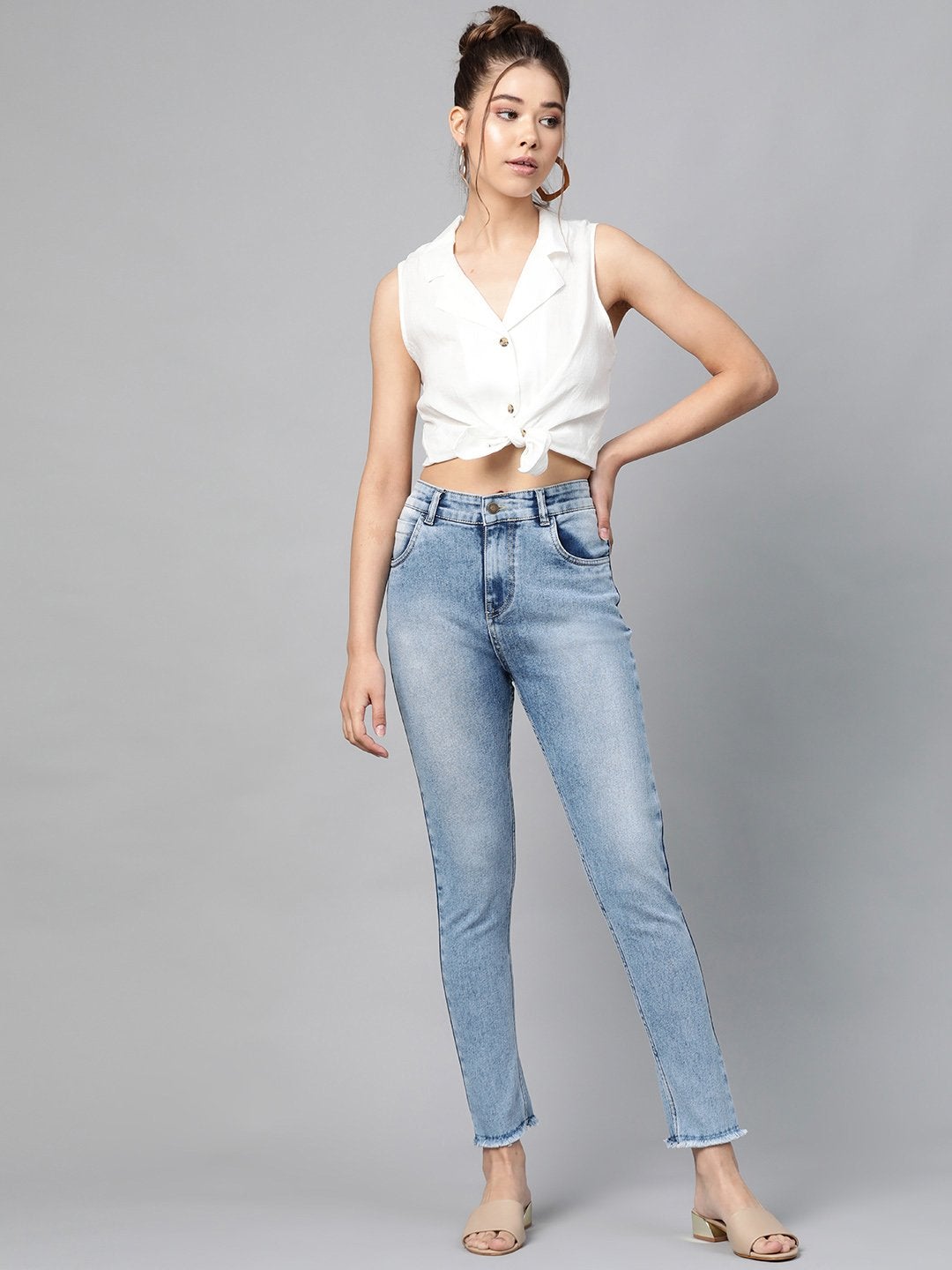Women's Blue Bleach Wash Raw Edge Jeans