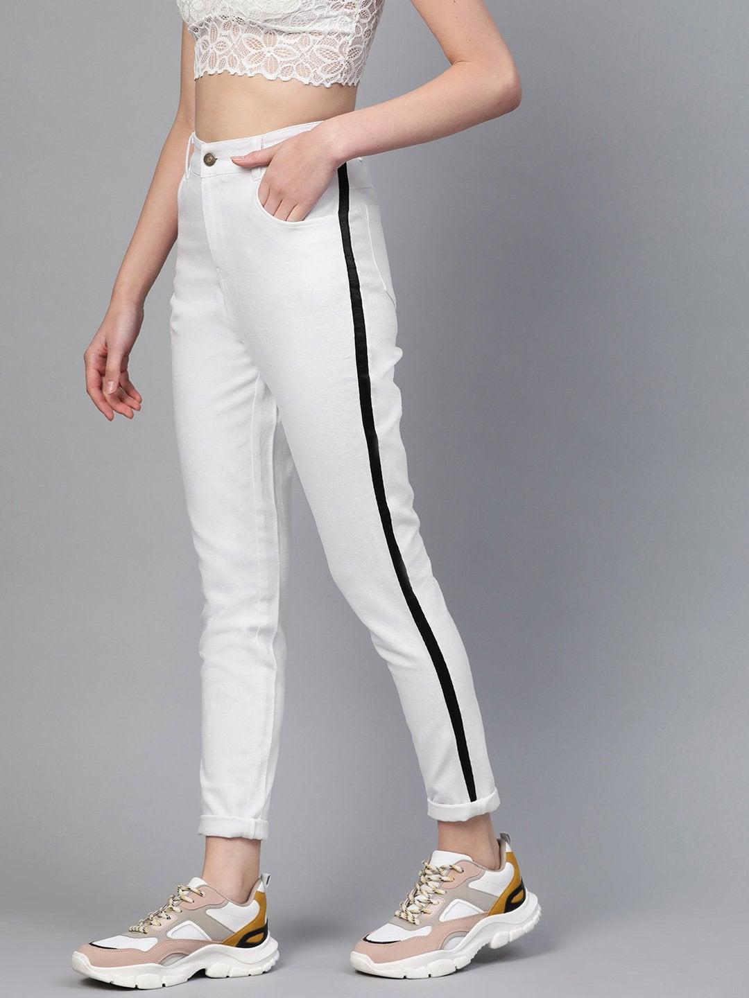 Women's White Side Tape Jeans