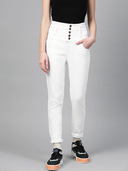 Women's White Metal Button High Waist Jeans